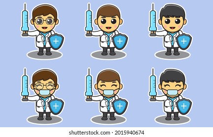 Cute little male doctor knight with vaccine sword. Adorable kids doctor set. Smiling little Boy dressed as doctors vector illustrations.