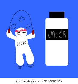 A cute little man is jumping rope. Water bottle for sports.