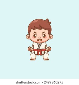 Cute little man training Karate martial art chibi kawaii character mascot sport Icon set