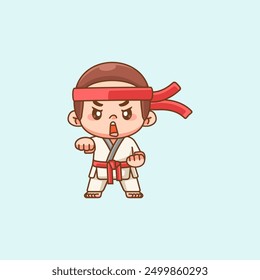 Cute little man training Karate martial art chibi kawaii character mascot sport Icon set