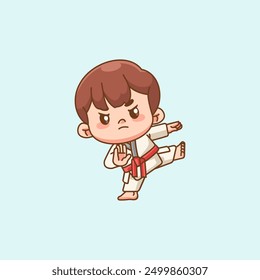 Cute little man training Karate martial art chibi kawaii character mascot sport Icon