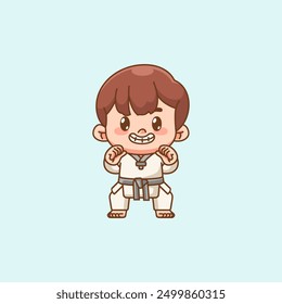 Cute little man training Karate martial art chibi kawaii character mascot sport Icon set 