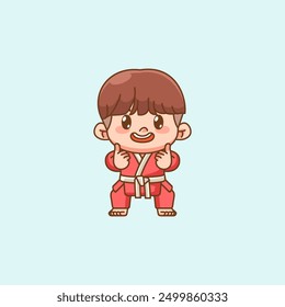 Cute little man training Karate martial art chibi kawaii character mascot sport Icon set