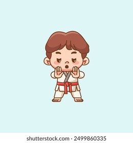 Cute little man training Karate martial art chibi kawaii character mascot sport Icon set