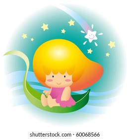 Cute little mango fruit hair girl rid on a swam like leaf flying across starry night sky.