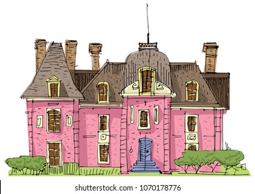 A cute little mansion in edwardian style with towers. Cartoon.