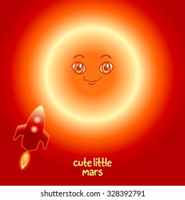 Cute little Mars. Red planet in space, rocket in space. Background and elements for web design, posters, flyers, postcards. Cartoon character.