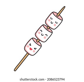 Cute little marshmallow on stick. Colored flat vector isolated illustration. Cartoon kawaii characters for pin, print, sticker, patch, badge, postcard.