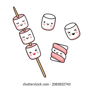 Cute little marshmallows on stick and striped marshmallow. Pink and white colored flat vector isolated illustration. Cartoon kawaii characters for pin, print, sticker, patch, badge, postcard.