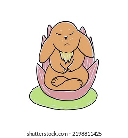 Cute little meditating rabbit. Vector hand drawn cartoon illustration. 