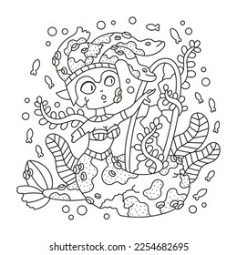 Cute little medusa gorgon as statue. Mythology creature with mirror. Snake girl monster underwater. Greek fairy tale. Fantasy coloring page for kids. Cartoon vector illustration. Isolated on white