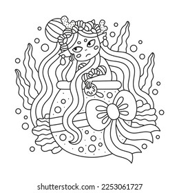 Cute little mermaid in aquarium. Sea girl with beautiful hairstyle and shell acessorise. Funny birthday present with bow. Adorable fairy tale creature. Coloring page. Cartoon vector illustration