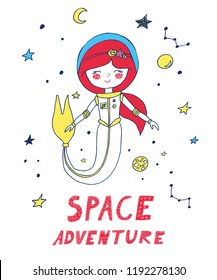 Cute little mermaid in astronaut's costume in space. Design elements for poster, t-shirt, card. Vector illustration