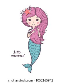 Cute little mermaid. Beautiful cartoon mermaid girl with pink hair, character design, isolated on white background. Vector illustration.