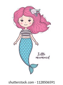 Cute little mermaid. Beautiful cartoon mermaid girl with pink hair, character design, isolated on white background. Vector illustration.