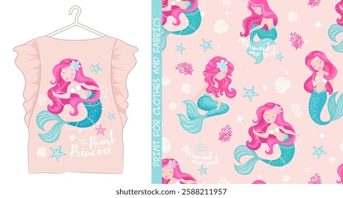 Cute little mermaid. Beautiful little mermaid with pearl on pastel pink background for t-shirts or kids fashion art