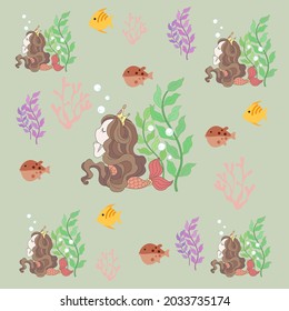 cute little mermaid beside green seaweed Decorated with lots of corals and bubbles, swimming fish, on a pastel green background.