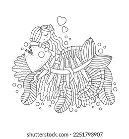 Cute little mermaid with big skeleton fish. Underwater nature. Different seaweeds. Mythology fantasy creature. Marine drawing. Coloring page. Cartoon vector illustration. Outlined artwork. Isolated