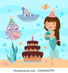 Cute little mermaid with birthday cake and friends. Cartoon octopus with present, stingray, fish and turtle. Vector illustration for birthday card or invitation.