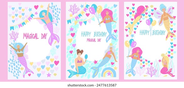 Cute little mermaid birthday cards clipart set. Vector illustration. Kids birthday invation. Childrens magic posters.