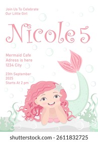 Cute little mermaid birthday invitation for girl. Invitation template