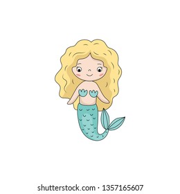 Cute little mermaid with blond hair and turquoise tail. Vector illustration. 