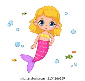 Cute little mermaid with blond hair and a pink tail. Vector illustration of magic character in cartoon childish style. Isolated funny clipart on white background. cute mermaid girl print