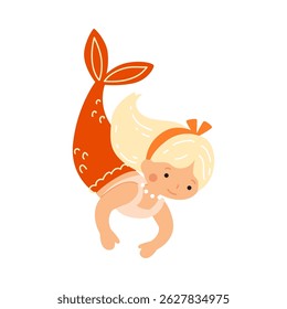 Cute little mermaid with blonde hair and red tail swimming underwater. Vector illustration 