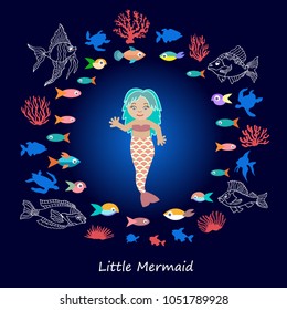 Cute little mermaid with blue hair. Cartoon collection for children books, cards, textile design and other decorations. Beautiful girl, fishes and corals in the sea.