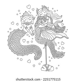 Cute little mermaid boys with dead bride girl. Underwater creatures. Mythology sea monsters. Funny coloring page. Cartoon vector illustration. Black lines. Hand drawn artwork. Isolated on white