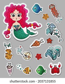 Cute little mermaid . Cartoon sea animals stickers. Mermaid with long curly hair. Sea Underwater character, little baby marmaid with long curly pink hair. Underwater wildlife. Cute whale, fish, crab.