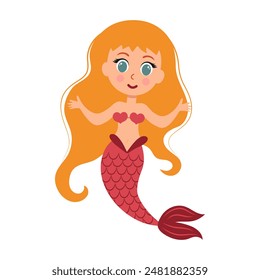 Cute little mermaid. Cartoon underwater princess character. Vector illustration isolated on white background.