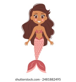 Cute little mermaid. Cartoon underwater princess character. Vector illustration isolated on white background.