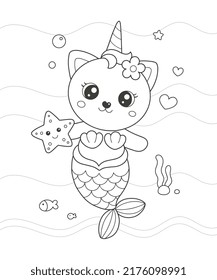 Cute little mermaid cat drawing coloring page