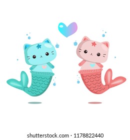 Cute little mermaid cat perfect for cards , stickers or like children's illustrations! Underwater magical world of cats