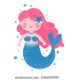 Cute little mermaid character, children's illustration, print in flat style.