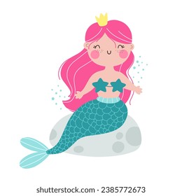 Pequeño personaje de sirena, ilustración para niños, impreso en estilo plano.