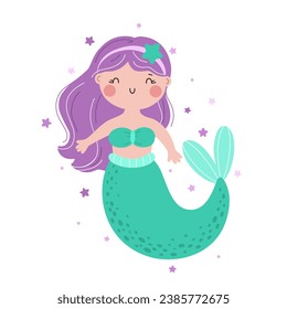 Cute little mermaid character, children's illustration, print in flat style.