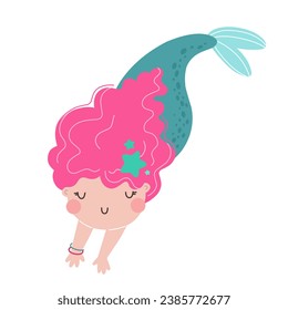 Cute little mermaid character, children's illustration, print in flat style.