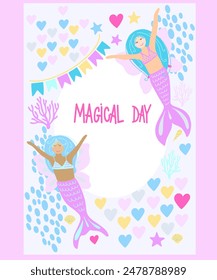 Cute little mermaid clipart set. Vector illustration. Kids birthday invation. Childrens magic posters, cards. 