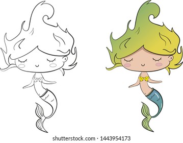 Cute little mermaid. Coloring book. Vector cartoon mermaid. Vector illustration for coloring book, print, card, postcard, poster, t-shirt, tattoo.