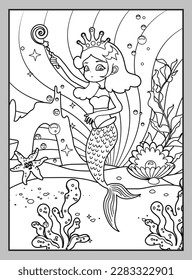 Cute little mermaid. Coloring page. Vector black and white image. Coloring page. Vector black and white image.