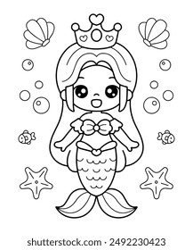 Cute little mermaid coloring page illustration