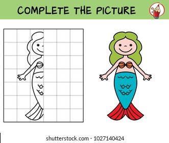 Cute little mermaid. Copy the picture. Coloring book. Educational game for children. Cartoon vector illustration