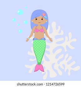 Cute little mermaid with coral and bubbles on light blue background.