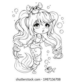 Pequeña sirena con un cangrejo en su libro de colorear la cabeza. Libro de Colores para chicas con una hermosa sirena. Ilustración vectorial en dibujos animados al estilo infantil. Clipart aislado en blanco