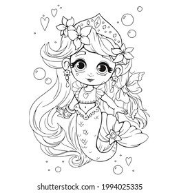 Cute little mermaid with crown coloring book. Coloring book for girls with a beautiful anime style mermaid. Vector illustration of black lines in cartoon childish style. Isolated clipart on white.