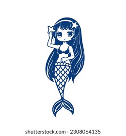 Cute little mermaid for design on a white background. Little mermaid coloring book, blank outline on white background. Vector illustration in manga and anime style.