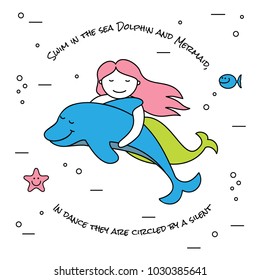 cute little mermaid and dolphin floating under the water, vector illustration, cartoon design