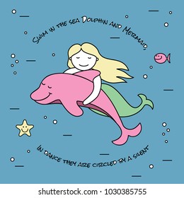 cute little mermaid and dolphin floating under the water, vector illustration, cartoon design